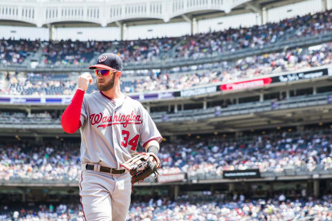 NEW YORK, NY – JUNE 10: Bryce Harper #34 of the Washington Nationals walks off the field during the game against the New York Yankees at Yankee Stadium on June 10, 2015 in the Bronx borough of New York City. (Photo by Rob Tringali/SportsChrome/Getty Images)