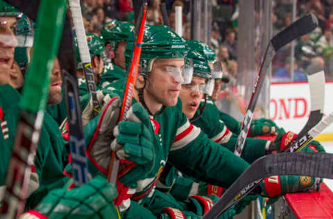 ST. PAUL, MN – FEBRUARY 2: Charlie Coyle #3 of the Minnesota Wild watches from the bench against the Vegas Golden Knights during the game at the Xcel Energy Center on February 2, 2018 in St. Paul, Minnesota. (Photo by Bruce Kluckhohn/NHLI via Getty Images)