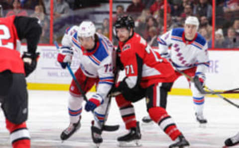 OTTAWA, ON – NOVEMBER 22: Chris Tierney #71 of the Ottawa Senators battles for the puck possession against Filip Chytil #72 of the New York Rangers in the first period at Canadian Tire Centre on November 22, 2019 in Ottawa, Ontario, Canada. (Photo by Jana Chytilova/Freestyle Photography/Getty Images)