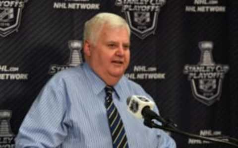 Apr 25, 2016; St. Louis, MO, USA; St. Louis Blues head coach Ken Hitchcock speaks with the media after the St. Louis Blues defeated the Chicago Blackhawks 3-2 in game seven of the first round of the 2016 Stanley Cup Playoffs at Scottrade Center. Mandatory Credit: Jasen Vinlove-USA TODAY Sports