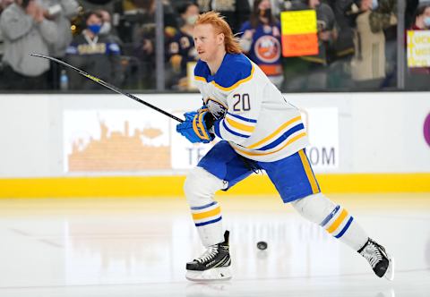 Feb 1, 2022; Las Vegas, Nevada, USA; Buffalo Sabres center Cody Eakin (20) is pictured during team warmups before a game against the Vegas Golden Knights at T-Mobile Arena. Mandatory Credit: Stephen R. Sylvanie-USA TODAY Sports