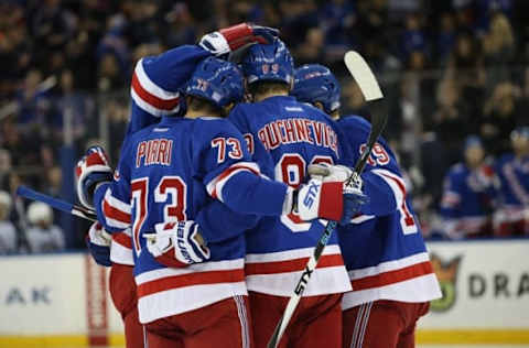 NHL Team Name Origins: New York Rangers right wing Jesper Fast (19) celebrates his goal with left wing Pavel Buchnevich (89) and teammates during the second period against the Winnipeg Jets at Madison Square Garden. Mandatory Credit: Danny Wild-USA TODAY Sports