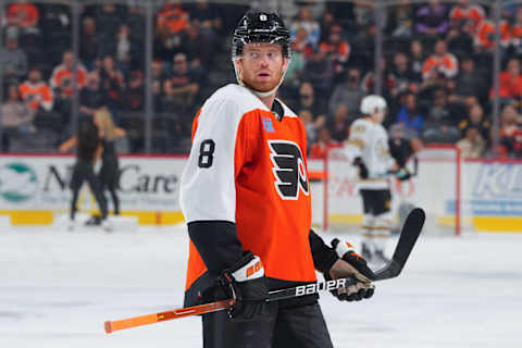 Cam York on the ice for the Flyers in the 2023 preseason. (Photo by Mitchell Leff/Getty Images)