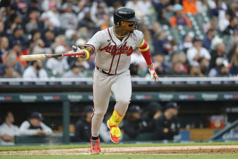 Jun 12, 2023; Detroit, Michigan, USA; Atlanta Braves right fielder Ronald Acuna Jr. (13) hits a two RBI double in the fifth inning against the Detroit Tigers at Comerica Park. Mandatory Credit: Rick Osentoski-USA TODAY Sports