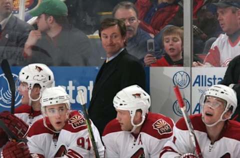 DETROIT – FEBRUARY 4: Head Coach Wayne Gretzky of the Phoenix Coyotes looks on from the bench area during the NHL game against the Detroit Red Wings at Joe Louis Arena on February 4, 2009 in Detroit, Michigan. The Red Wings defeated the Coyotes 5-4. (Photo By Dave Sandford/Getty Images)