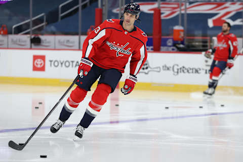 WASHINGTON, DC – JANUARY 22: Zdeno Chara #33 of the Washington Capitals warms up before playing against the Buffalo Sabres at Capital One Arena on January 22, 2021 in Washington, DC. (Photo by Patrick Smith/Getty Images)