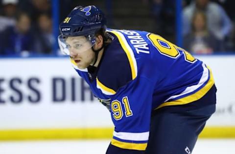 May 17, 2016; St. Louis, MO, USA; St. Louis Blues right wing Vladimir Tarasenko (91) awaits a face-off against the San Jose Sharks in game two of the Western Conference Final of the 2016 Stanley Cup Playoff at Scottrade Center. The Sharks won the game 4-0. Mandatory Credit: Billy Hurst-USA TODAY Sports