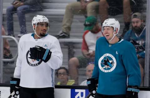 SAN JOSE, CA – SEPTEMBER 19: San Jose Sharks’ Evander Kane (9), left, talks with Logan Couture (39), right during practice at Solar4America Ice in San Jose, Calif., on Wednesday, Sept. 19, 2018. (Randy Vazquez/Digital First Media/The Mercury News via Getty Images)