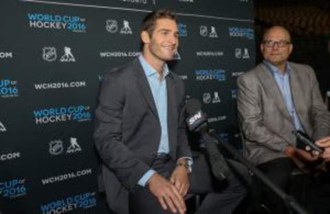 Sep 9, 2015; Toronto, Ontario, Canada; Brandon Saad answers questions from the press as Peter Chiarelli looks on during a press conference and media event for the 2016 World Cup of Hockey at Air Canada Centre. Mandatory Credit: Tom Szczerbowski-USA TODAY Sports