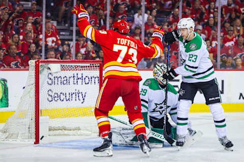 May 15, 2022; Calgary, Alberta, CAN; Calgary Flames right wing Tyler Toffoli (73) celebrates his goal against the Dallas Stars during the second period in game seven of the first round of the 2022 Stanley Cup Playoffs at Scotiabank Saddledome. Mandatory Credit: Sergei Belski-USA TODAY Sports