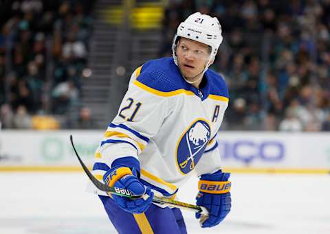 SEATTLE, WASHINGTON – NOVEMBER 04: Kyle Okposo #21 of the Buffalo Sabres looks on against the Seattle Kraken on November 04, 2021 at Climate Pledge Arena in Seattle, Washington. (Photo by Steph Chambers/Getty Images)