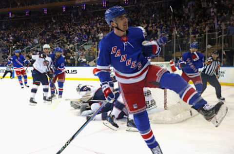 NEW YORK, NEW YORK – MARCH 28: Filip Chytil #72 of the New York Rangers celebrates his first-period goal against the Columbus Blue Jackets at Madison Square Garden on March 28, 2023, in New York City. The Rangers defeated the Blue Jackets 6-2. (Photo by Bruce Bennett/Getty Images)