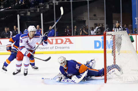 Jean-Francois Berube #30 of the New York Islanders (Photo by Bruce Bennett/Getty Images)