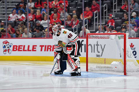 DETROIT, MI – SEPTEMBER 17: Chicago Blackhawks goalie Robin Lehner (40) during the second period of a preseason game between the Chicago Blackhawks and the Detroit Red Wings on September 17, 2019, at Little Caesars Arena in Detroit, MI. (Photo by Roy K. Miller/Icon Sportswire via Getty Images)