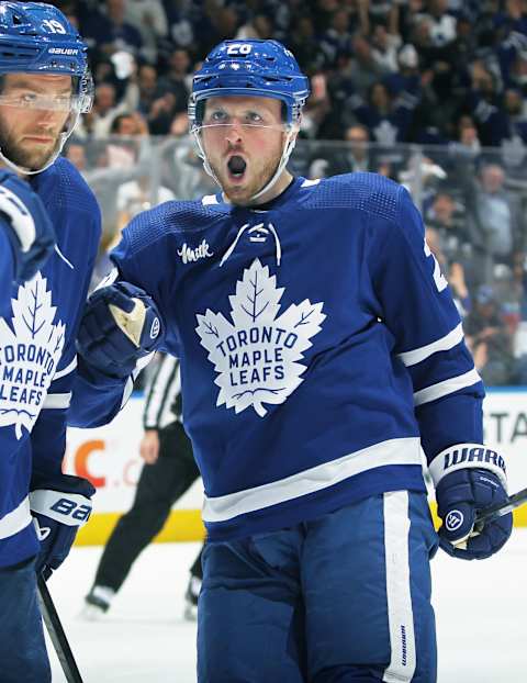 TORONTO, CANADA – MAY 12: Sam Lafferty #28 of the Toronto Maple Leafs   (Photo by Claus Andersen/Getty Images)