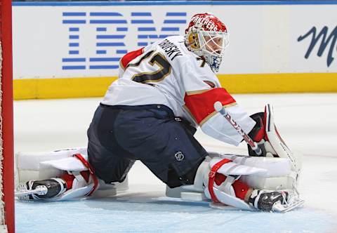 TORONTO, CANADA – MAY 12: Sergei Bobrovsky #72 of the Florida Panthers has a rebound go by against the Toronto Maple Leafs during Game Five of the Second Round of the 2023 Stanley Cup Playoffs at Scotiabank Arena on May 12, 2023 in Toronto, Ontario, Canada. The Panthers defeated the Maple Leafs 3-2 in overtime. (Photo by Claus Andersen/Getty Images)