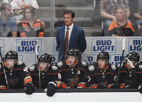 ANAHEIM, CA – OCTOBER 03: Anaheim Ducks Head Coach Dallas Eakins behind his players on the bench during the first period of a game against the Arizona Coyotes played on October 3, 2019, at the Honda Center in Anaheim, CA. (Photo by John Cordes/Icon Sportswire via Getty Images)