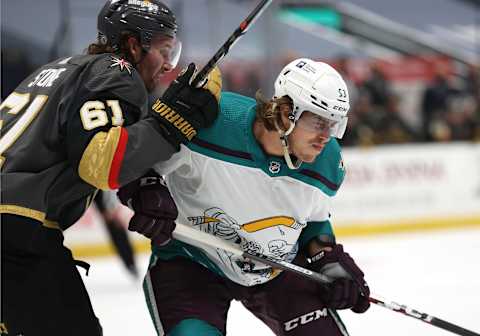 Mark Stone #61 of the Vegas Golden Knights pushes Max Comtois #53 of the Anaheim Ducks (Photo by Sean M. Haffey/Getty Images)