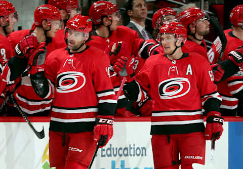 RALEIGH, NC – OCTOBER 27: Justin Williams #14 of the Carolina Hurricanes celebrates his assist on a goal by teammate Jeff Skinner #53 during an NHL game against the St. Louis Blues on October 27, 2017 at PNC Arena in Raleigh, North Carolina. (Photo by Gregg Forwerck/NHLI via Getty Images)