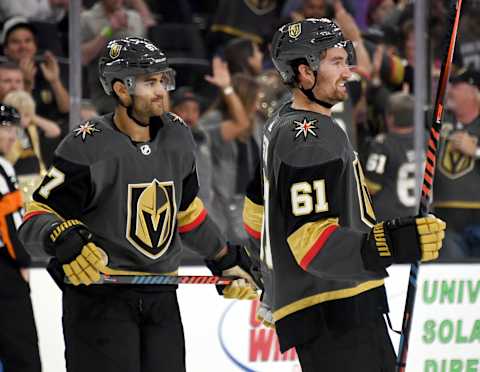 LAS VEGAS, NEVADA – SEPTEMBER 29: Mark Stone #61 and Max Pacioretty #67 of the Vegas Golden Knights skate toward their bench after Pacioretty assisted Stone on a second-period goal against the San Jose Sharks during their preseason game at T-Mobile Arena on September 29, 2019 in Las Vegas, Nevada. The Golden Knights defeated the Sharks 5-1. (Photo by Ethan Miller/Getty Images)