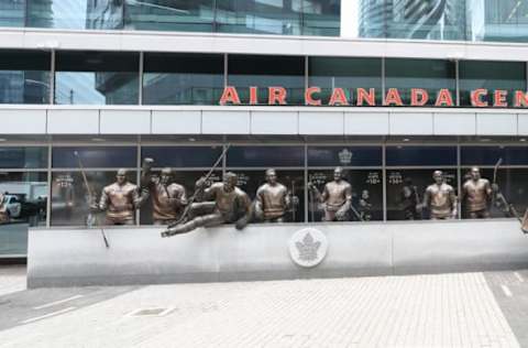 Jan 23, 2017; Toronto, Ontario, CAN; Statues of former Toronto Maple Leafs players Mats Sundin and Tim Horton and Borje Salming and Darryl Sittler and Ted Kennedy and Syl Apps and Dave Keon and George Armstrong and Johnny Bower and Turk Broda enshrined outside on Legends Row before the game against the Calgary Flames at Air Canada Centre. Mandatory Credit: Tom Szczerbowski-USA TODAY Sports