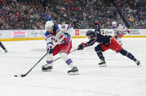 COLUMBUS, OHIO – APRIL 08: Mika Zibanejad #93 of the New York Rangers skates with the puck during the third period at Nationwide Arena on April 08, 2023, in Columbus, Ohio. (Photo by Jason Mowry/Getty Images)