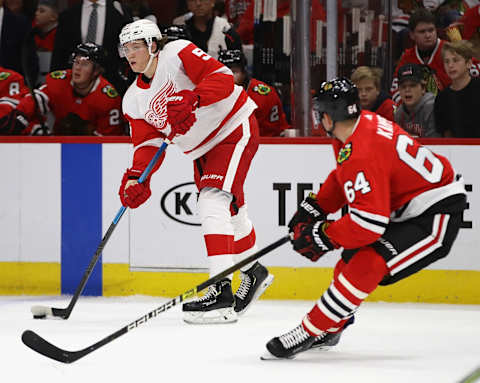 Moritz Seider #53 of the Detroit Red Wings. (Photo by Jonathan Daniel/Getty Images)