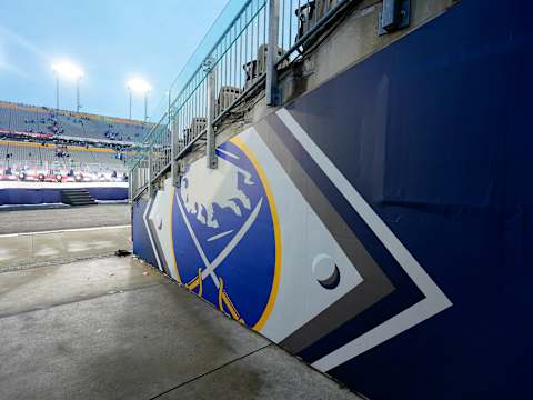 Mar 13, 2022; Hamilton, Ontario, CAN; The logo off the Buffalo Sabres in the tunnel of the 2022 Heritage Classic ice hockey game against the Toronto Maple Leafs at Tim Hortons Field. Mandatory Credit: John E. Sokolowski-USA TODAY Sports