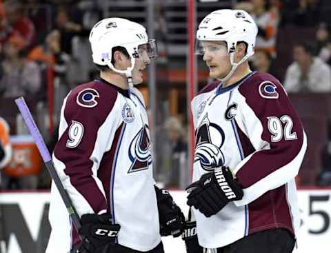 Nov 10, 2015; Philadelphia, PA, USA; Colorado Avalanche center Matt Duchene (9) and left wing Gabriel Landeskog (92) against the Philadelphia Flyers during the first period at Wells Fargo Center. The Avalanche defeated the Flyers, 4-0. Mandatory Credit: Eric Hartline-USA TODAY Sports