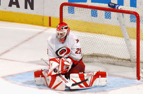 ATLANTA – APRIL 8: Goaltender Martin Gerber #29 of the Carolina Hurricanes makes a save against the Atlanta Thrashers during the game on April 8, 2006 at Philips Arena in Atlanta, Georgia. The Thrashers won the game 5-2. (Photo by Scott Cunningham/Getty Images)