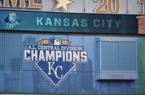 Sep 25, 2015; Kansas City, MO, USA; The Kansas City Royals post their American League Central Division Champions logo before the against the Cleveland Indians at Kauffman Stadium. Mandatory Credit: Peter G. Aiken-USA TODAY Sports