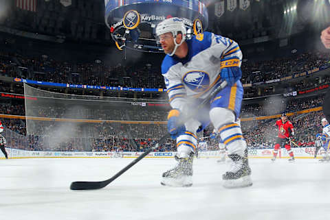 BUFFALO, NY – APRIL 4: Jason Pominville #29 of the Buffalo Sabres skates during an NHL game against the Ottawa Senators on April 4, 2018 at KeyBank Center in Buffalo, New York. (Photo by Bill Wippert/NHLI via Getty Images) *** Local Caption *** Jason Pominville