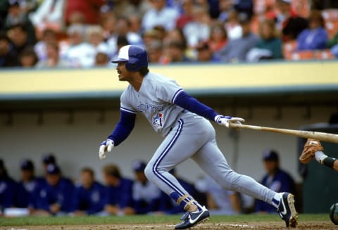 OAKLAND, CA – 1990: George Bell #11 of the Toronto Blue Jays swings at a pitch during a 1990 game against the Oakland Athletics at the Oakland-Alameda Coliseum in Oakland, California. (Photo by Otto Greule Jr/Getty Images)