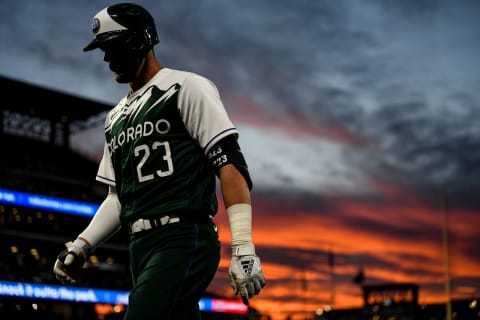 DENVER, CO – APRIL 29: Kris Bryant #23 of the Colorado Rockies walks off the field after a fly out in the seventh inning of a game against the Arizona Diamondbacks at Coors Field on April 29, 2023 in Denver, Colorado. (Photo by Dustin Bradford/Getty Images)