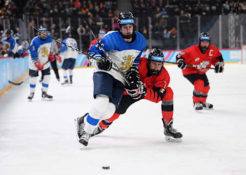 LAUSANNE, SWITZERLAND – JANUARY 22: Tuomas Hynninen of Finland is challenged by Mats Lindgren of Canada during the Men’s 6-Team Ice Hockey Tournament Finals Bronze Medal Game between Canada and Finland on day 13 of the Lausanne 2020 Winter Youth Olympics at Lausanne Vaudoise Arena on January 22, 2020 in Lausanne, Switzerland. (Photo by Matthias Hangst/Getty Images)