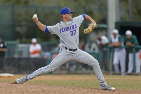 CORAL GABLES, FL – FEBRUARY 28: Shaun Anderson #37 of the Florida Gators throws the ball against the Miami Hurricanes on February 28, 2016 at Alex Rodriguez Park at Mark Light Field in Coral Gables, Florida. Florida defeated Miami 7-3. (Photo by Joel Auerbach/Getty Images)