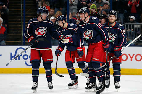 Dec 7, 2022; Columbus, Ohio, USA; Columbus Blue Jackets right wing Patrik Laine (29) celebrates his goal against the Buffalo Sabres during the second period at Nationwide Arena. Mandatory Credit: Russell LaBounty-USA TODAY Sports