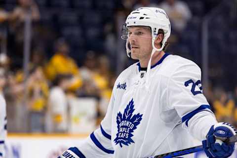 NASHVILLE, TN – MARCH 26: Jake McCabe #22 of the Toronto Maple Leafs skates in warm-ups prior to the game against the Nashville Predators at Bridgestone Arena on March 26, 2023 in Nashville, Tennessee. (Photo by Brett Carlsen/Getty Images)