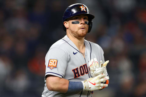 NEW YORK, NEW YORK – OCTOBER 22: Christian Vazquez #9 of the Houston Astros reacts after drawing a walk against the New York Yankees during the ninth inning in game three of the American League Championship Series at Yankee Stadium on October 22, 2022 in New York City. (Photo by Elsa/Getty Images)