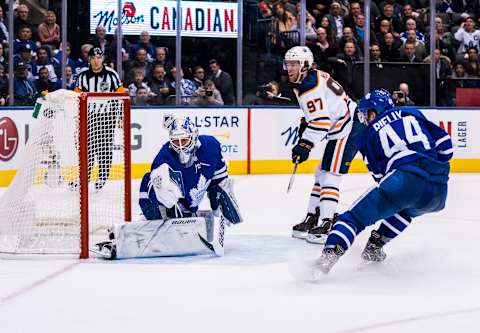 Connor McDavid beats the Toronto Maple Leafs (Photo by Kevin Sousa/NHLI via Getty Images)