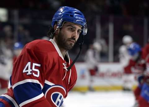 Jan 26, 2016; Montreal, Quebec, CAN; Montreal Canadiens defenseman Mark Barberio (45) skates during the warmup period before the game against the Columbus Blue Jackets at the Bell Centre. Mandatory Credit: Eric Bolte-USA TODAY Sports