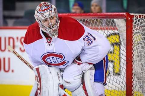 Oct 30, 2015; Calgary, Alberta, CAN; Montreal Canadiens goalie Carey Price (31) warms up prior to the game against the Calgary Flames at Scotiabank Saddledome. Mandatory Credit: Sergei Belski-USA TODAY Sports