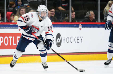 ST. PAUL, MN – SEPTEMBER 19: Team Langenbrunner forward Alex Turcotte (19) skates with the puck during the USA Hockey All-American Prospects Game between Team Leopold and Team Langenbrunner on September 19, 2018 at Xcel Energy Center in St. Paul, MN. Team Leopold defeated Team Langenbrunner 6-4.(Photo by Nick Wosika/Icon Sportswire via Getty Images)