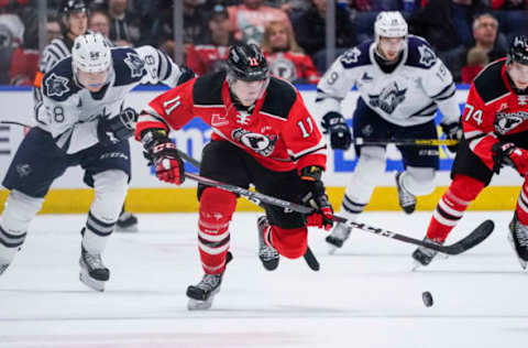 QUEBEC CITY, QC – OCTOBER 18: James Malatesta #11 of the Quebec Remparts skates with the puck against the Rimouski Oceanic during their QMJHL hockey game at the Videotron Center on October 18, 2019 in Quebec City, Quebec, Canada. (Photo by Mathieu Belanger/Getty Images)