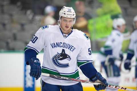 Oct 29, 2015; Dallas, TX, USA; Vancouver Canucks center Brendan Gaunce (50) skates in warm-ups prior to the game against the Dallas Stars at the American Airlines Center. The Stars defeat the Canucks 4-3 in overtime. Mandatory Credit: Jerome Miron-USA TODAY Sports