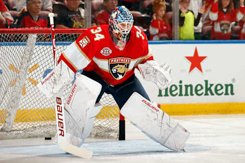 SUNRISE, FL – OCTOBER 13: Goaltender James Reimer #34 of the Florida Panthers on the ice during warm ups prior to the start of the game against the Vancouver Canucks at the BB&T Center on October 13, 2018 in Sunrise, Florida. (Photo by Eliot J. Schechter/NHLI via Getty Images)