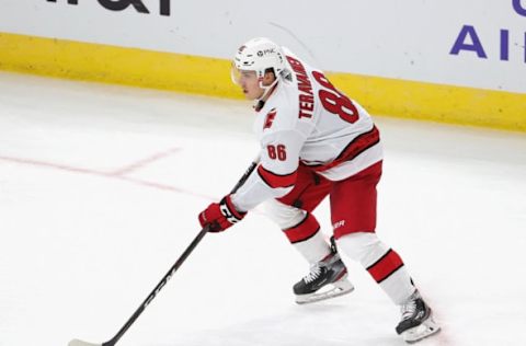 CHICAGO, ILLINOIS – FEBRUARY 02: Teuvo Teravainen #86 of the Carolina Hurricanes controls the puck against the Chicago Blackhawks at the United Center on February 02, 2021 in Chicago, Illinois. The Hurricanes defeated the Blackhawks 4-3 in a shootout. (Photo by Jonathan Daniel/Getty Images)