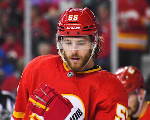 CALGARY, CANADA – APRIL 2: Noah Hanifin #55 of the Calgary Flames (Photo by Derek Leung/Getty Images)