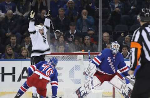 NEW YORK, NEW YORK – FEBRUARY 04: Adrian Kempe #9 of the Los Angeles Kings celebrates the game winning goal by Tyler Toffoli #73 (not shown) against Henrik Lundqvist #30 of the New York Rangers at Madison Square Garden on February 04, 2019 in New York City. The Kings defeated the Rangers 4-3 in overtime. (Photo by Bruce Bennett/Getty Images)