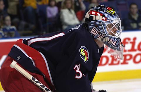 ST. LOUIS – JANUARY 3: Goaltender Ron Tugnutt #31 of the Columbus Blue Jackets looks on in goal against the St. Louis Blues during the game at Savvis Center in St. Louis, Missouri on January 3, 2002. The Blues won 4-2. (Photo by Elsa/Getty Images/NHLI)